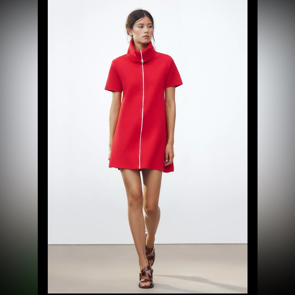 Zara Red Short-Sleeve Zip Mini Dress